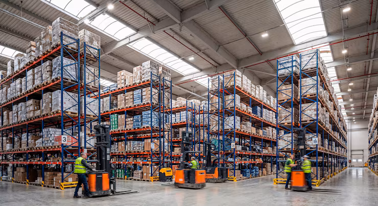 warehouse interior with forklifts stored