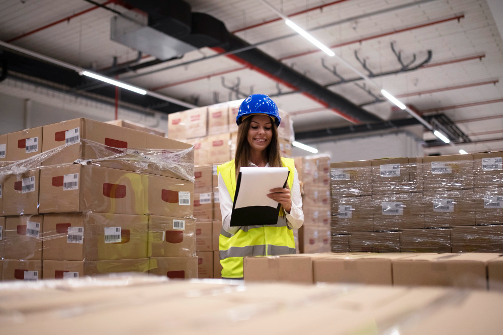 A female warehouse manager checks a clipboard.