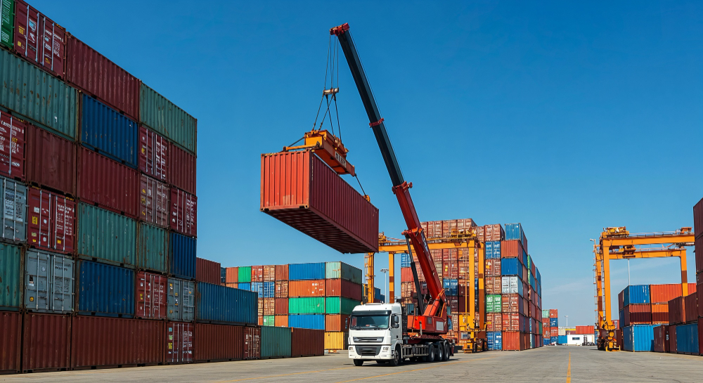 A crane loads a shipping container onto a truck at a port.
