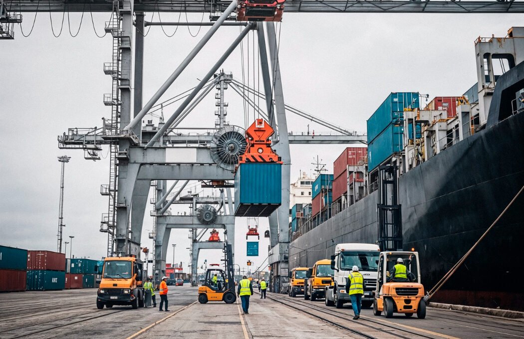 A crane unloads a shipping container onto a port with workers and trucks.