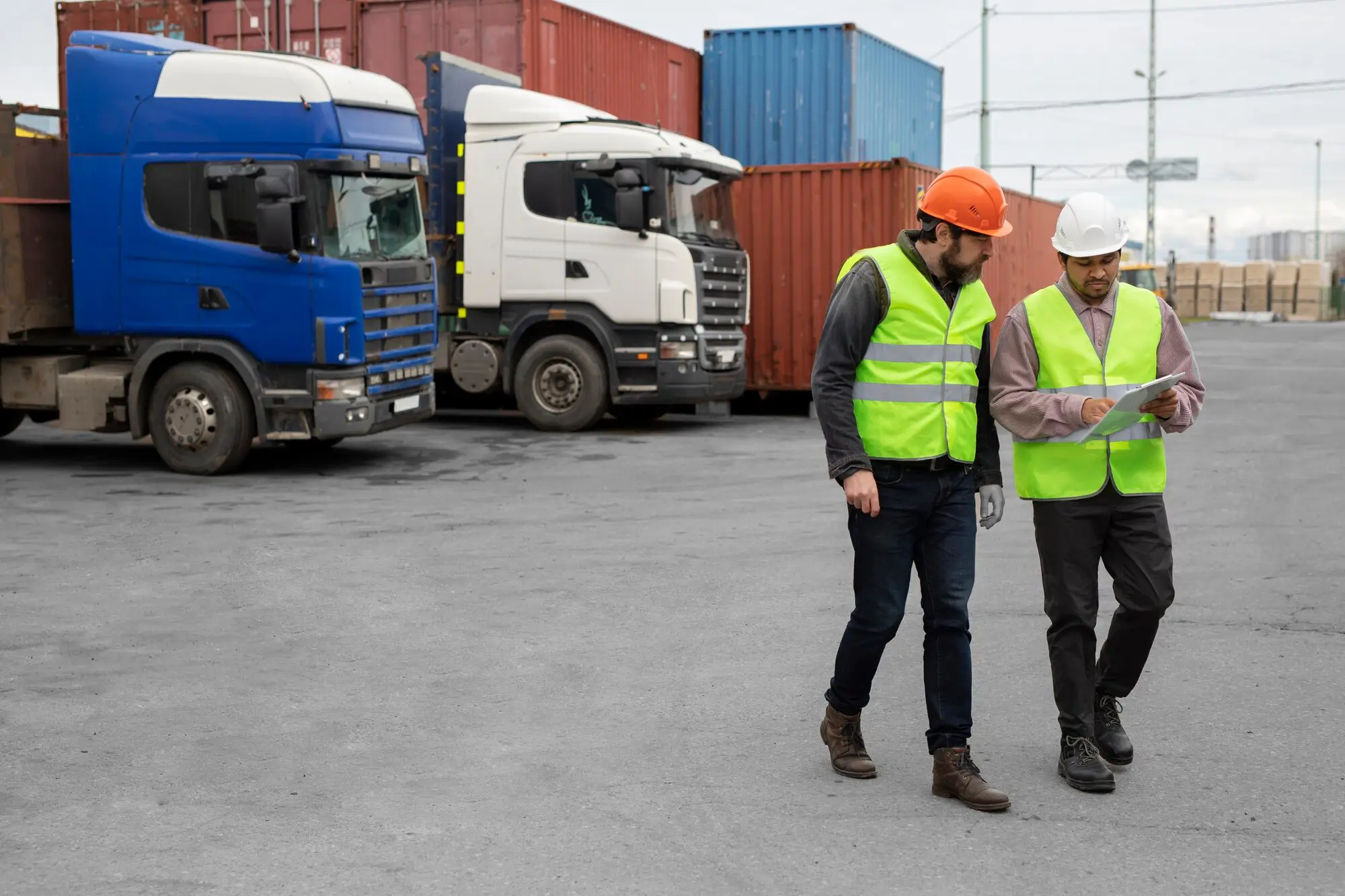 Two transport workers in safety vests and helmets reviewing shipping documents near container trucks.