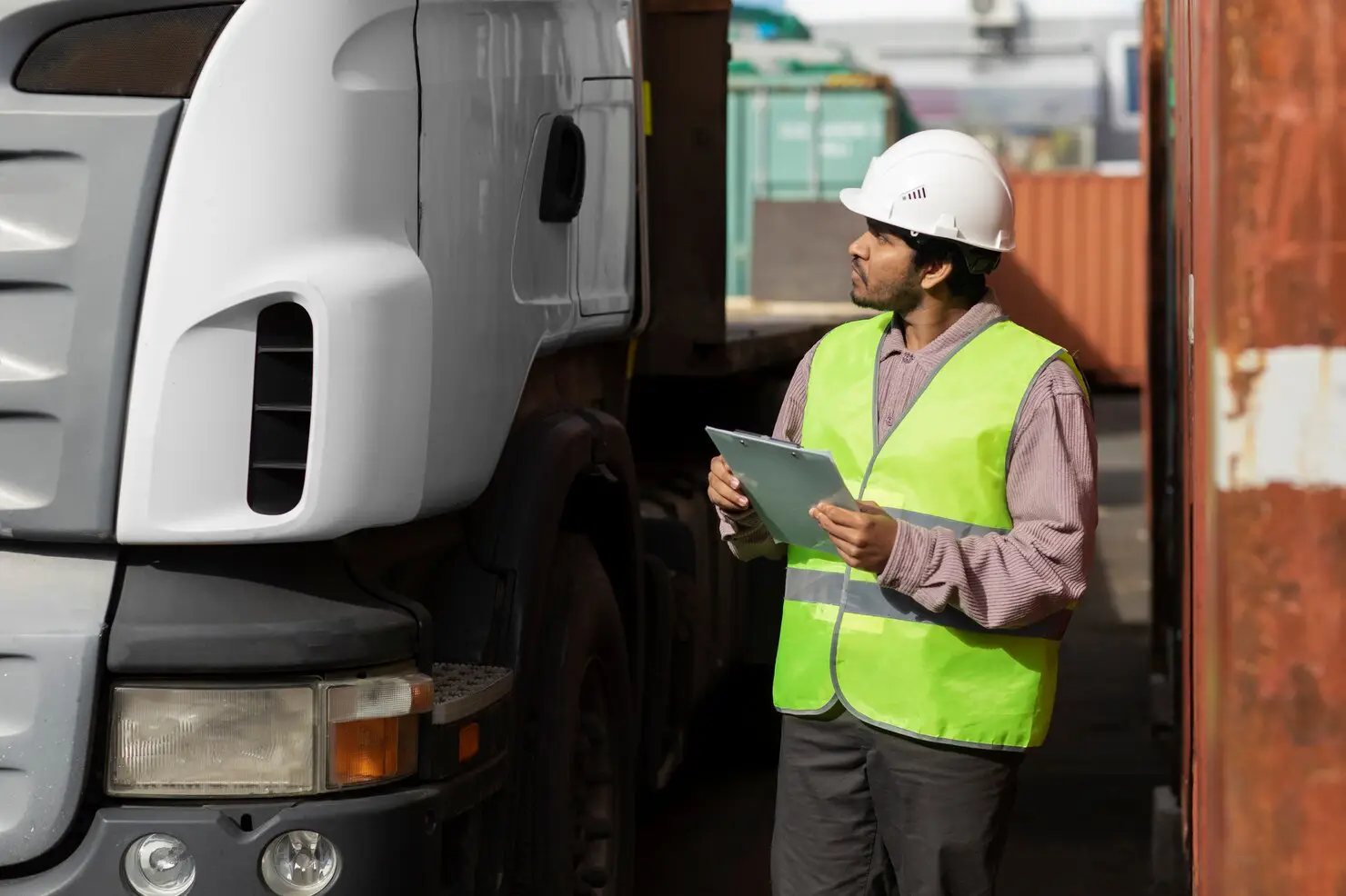 Logistics worker wearing safety vest and hard hat inspecting truck with clipboard at freight terminal.