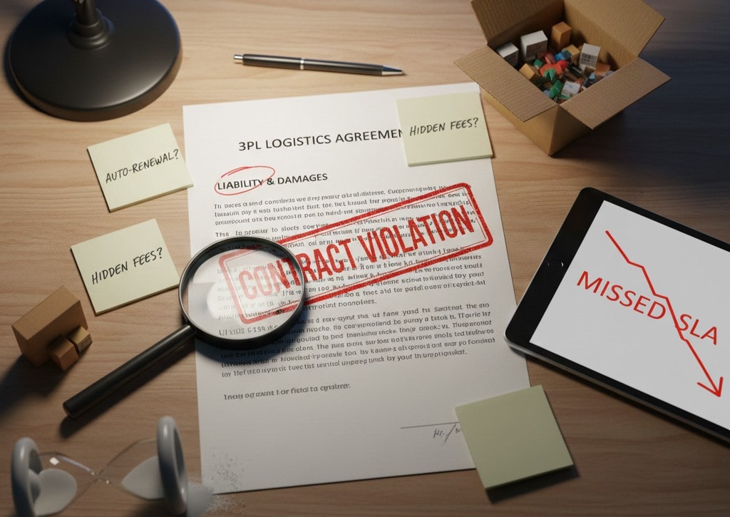 A desk with a 3PL logistics agreement stamped "Contract Violation," featuring sticky notes about hidden fees and a tablet showing a missed SLA graph.