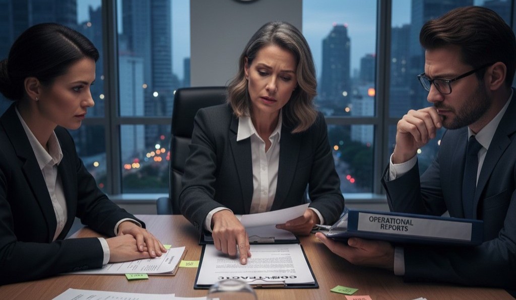 A man and a woman in professional attire sitting in an office, leaning over a table to carefully review a complex logistics contract