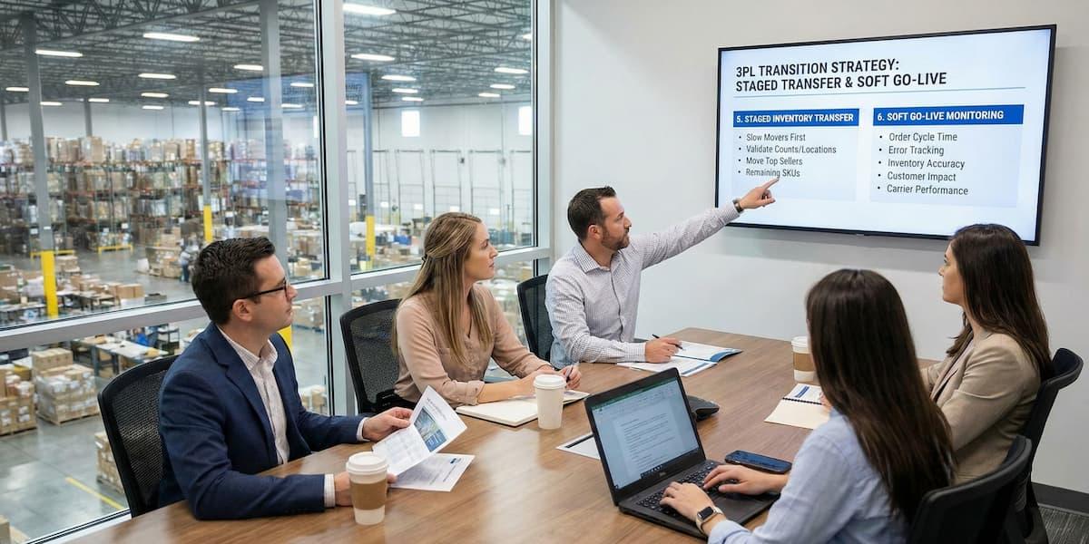Four professionals in a collaborative meeting around a conference table with printed documents, discussing logistics strategy in a bright modern office.