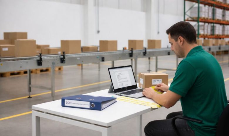 Worker at a desk labeling a shipping box with a laptop and SOP binder nearby, conveyor and palletized boxes in the warehouse background — 3PL logistics company.