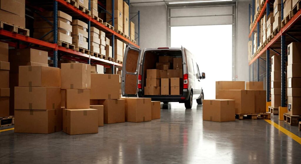 A warehouse with stacked shelves, filled with brown cardboard boxes. A delivery van with open doors is backed into the loading dock, ready for loading.