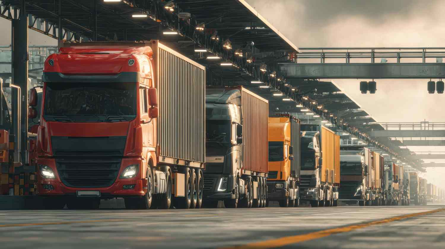 A lineup of semi-trucks, waits in a well-lit industrial warehouse setting, conveying a busy and organized atmosphere.