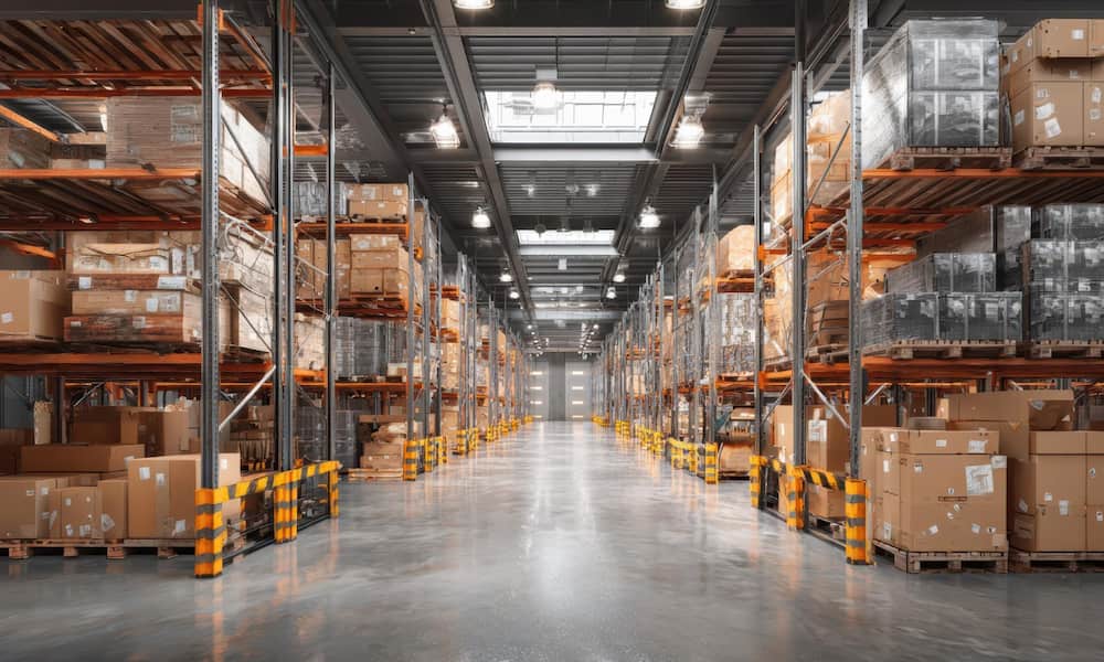 Modern warehouse interior with tall storage racks