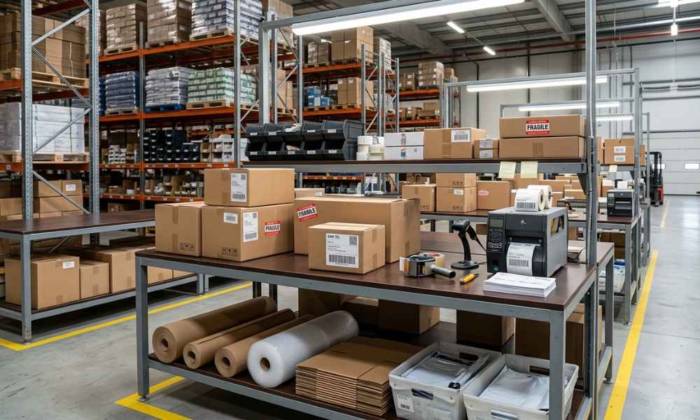 A warehouse packing station featuring wooden worktables organized with various cardboard boxes
