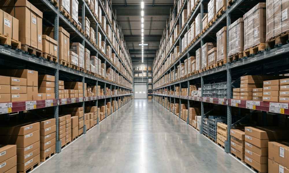 brightly lit warehouse aisle flanked on both sides by tall industrial metal shelving racks