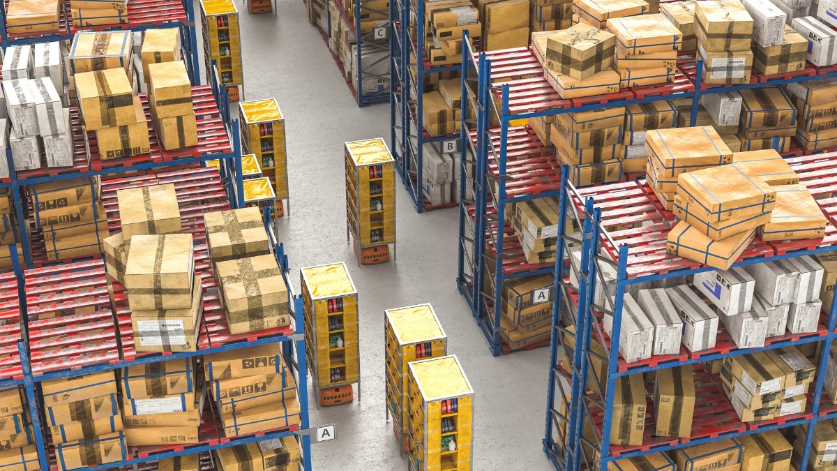 storage racks filled with boxes in a busy fulfillment warehouse