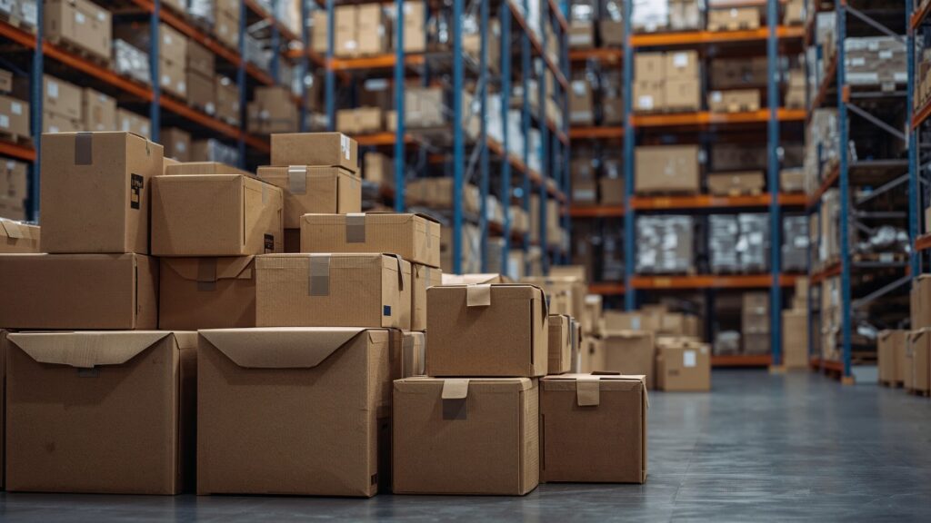 Stacks of sealed cardboard boxes on a warehouse floor